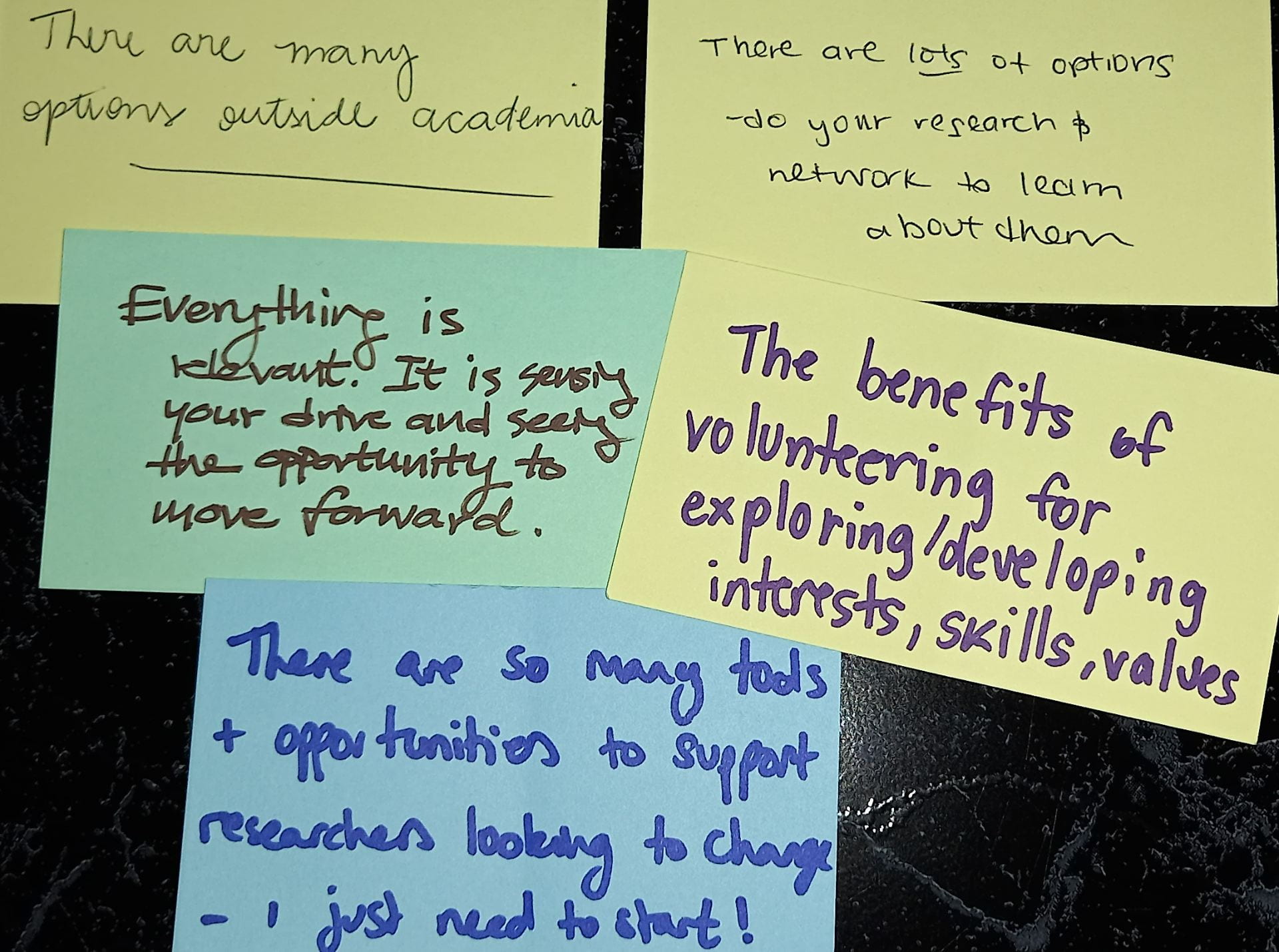 Take-home messages from the Careers Beyond Research event: There are many options outside academia, there are lots of options - do your research and network to learn about them, everything is relevant. It is sensing your drive and seeing the opportunity to move forward, the benefits of volunteering for exploring/developing interests, skills, values, there are so many tools + opportunities to support researchers looking to change - I just need to start!